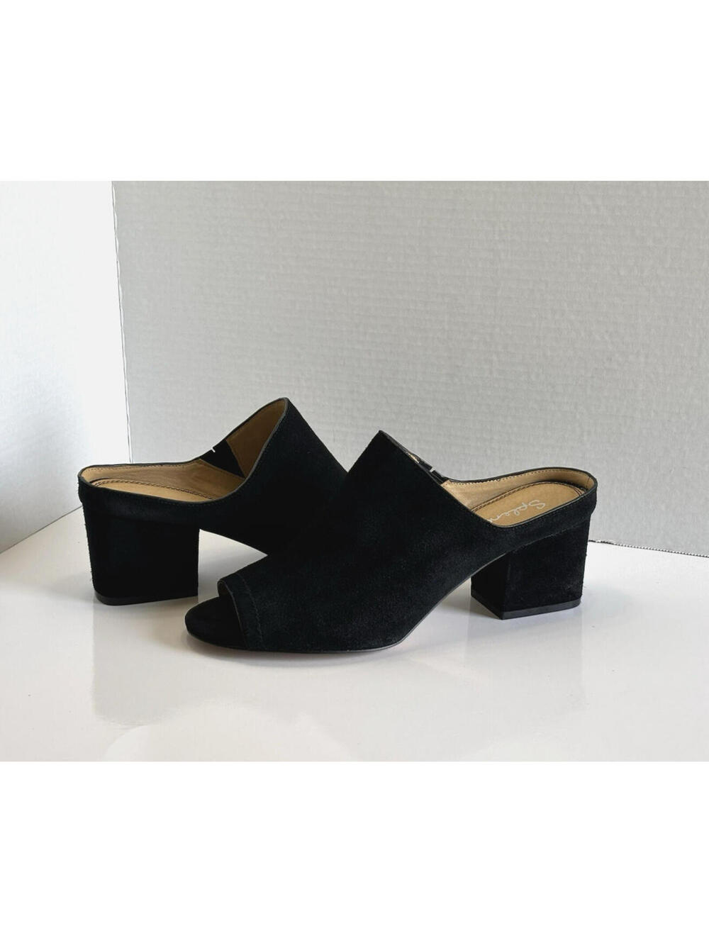 Splendid Shoes Women's Sz 10 Black Suede Block Heel Open Toe Slip On Comfy Mules